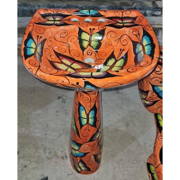 Mexican Talavera Pedestal Sink Mariposas Naranja